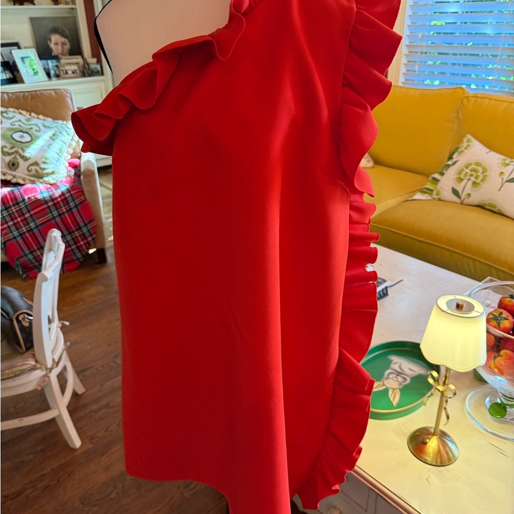 MSGM Red Ruffled One-Shoulder Mini Dress